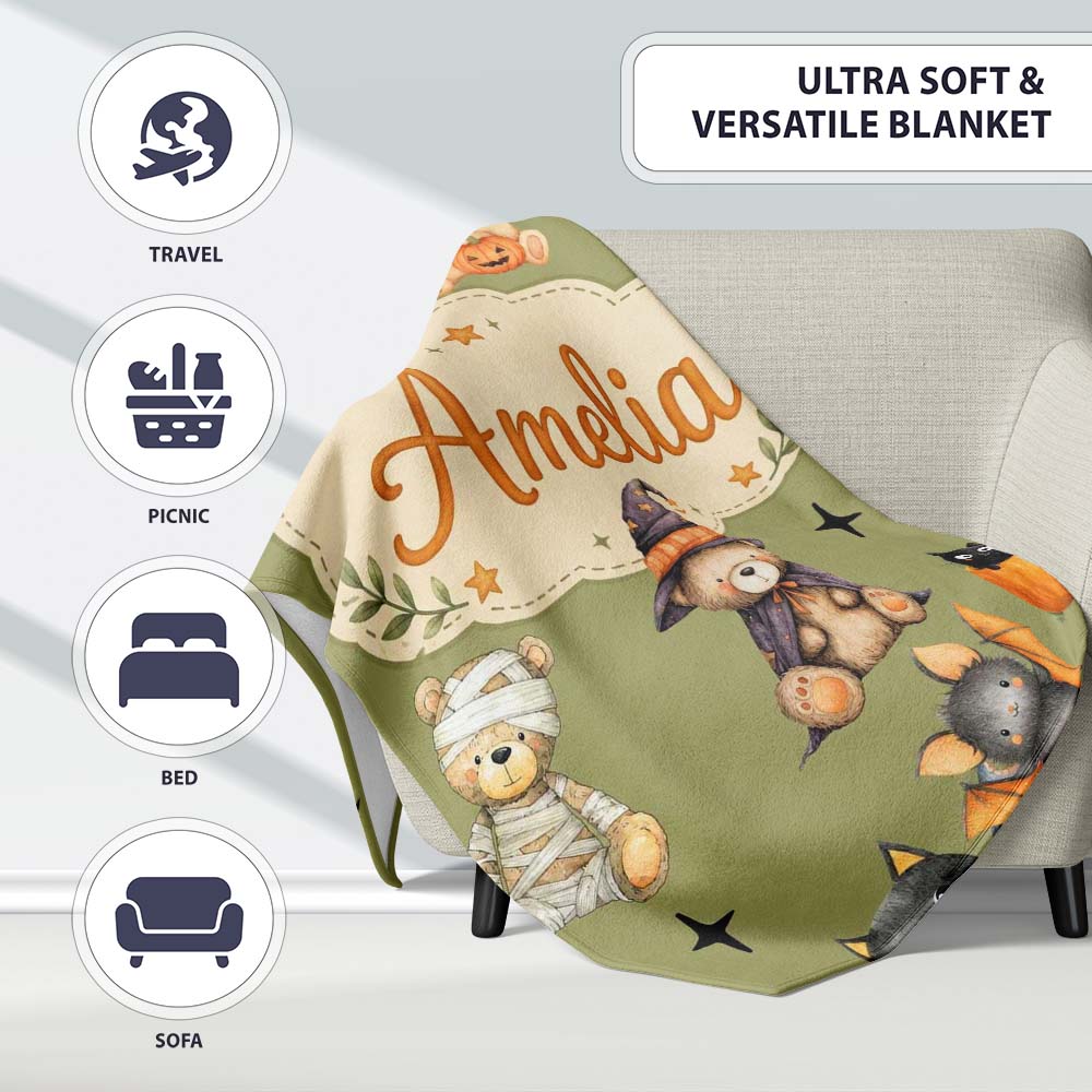 Cute Halloween Teddy Bears Mummy Witch Cat Pumpkin Stars Olive  Personalised Custom Name Super Soft Fleece Blanket Bed Sofa Throw