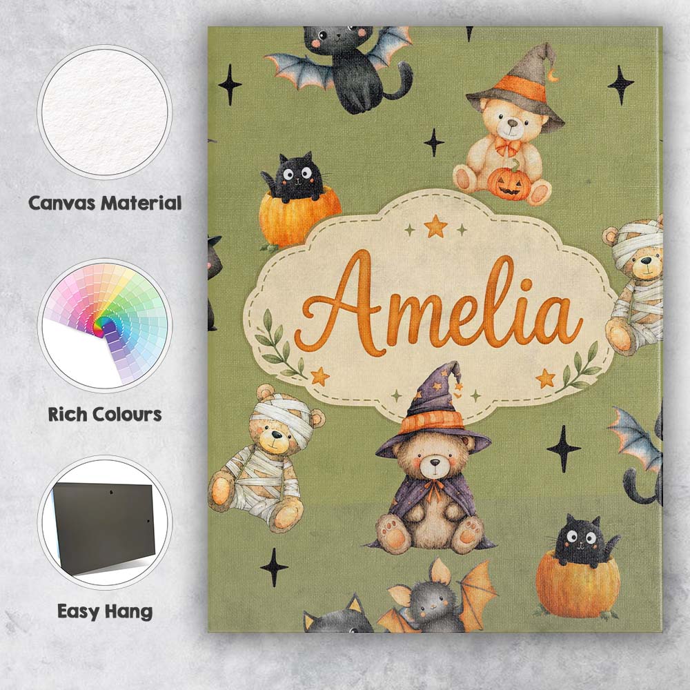 Personalised Name Cute Halloween Teddy Custom  Modern Room Accent Elegant Feature Canvas Wall Art Print Decor Picture Ready to Hang