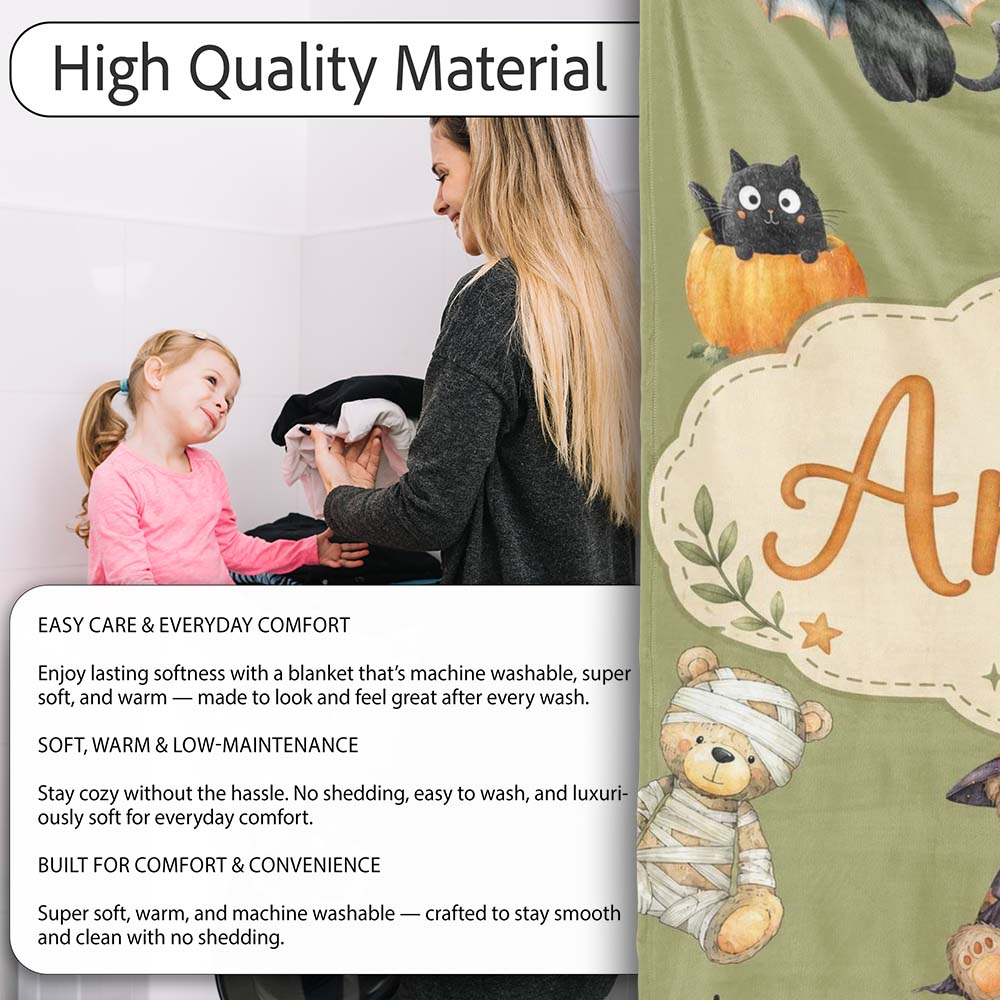 Cute Halloween Teddy Bears Mummy Witch Cat Pumpkin Stars Olive  Personalised Custom Name Super Soft Fleece Blanket Bed Sofa Throw