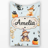 Cute Halloween Teddy Bears Mummy Witch Cat Pumpkin Stars Blue  Personalised Custom Name Super Soft Fleece Blanket Bed Sofa Throw