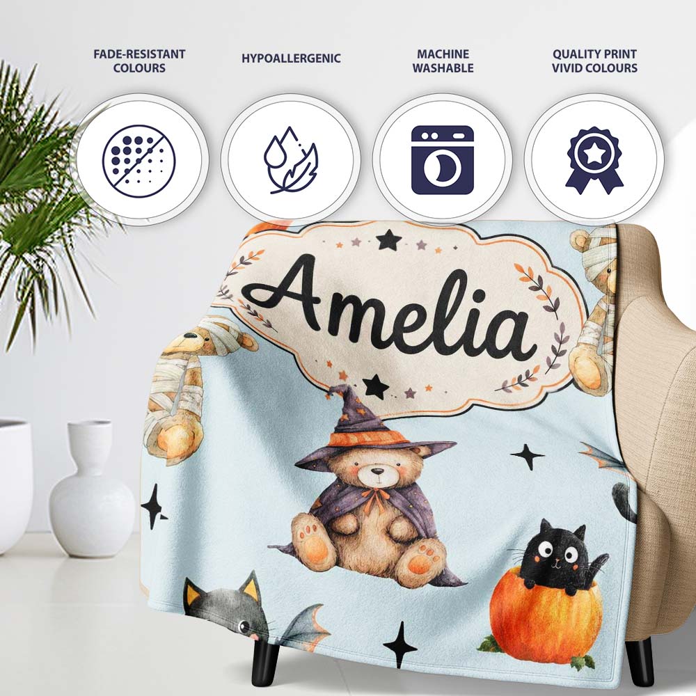 Cute Halloween Teddy Bears Mummy Witch Cat Pumpkin Stars Blue  Personalised Custom Name Super Soft Fleece Blanket Bed Sofa Throw