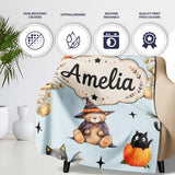 Cute Halloween Teddy Bears Mummy Witch Cat Pumpkin Stars Blue  Personalised Custom Name Super Soft Fleece Blanket Bed Sofa Throw