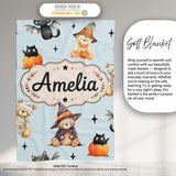 Cute Halloween Teddy Bears Mummy Witch Cat Pumpkin Stars Blue  Personalised Custom Name Super Soft Fleece Blanket Bed Sofa Throw