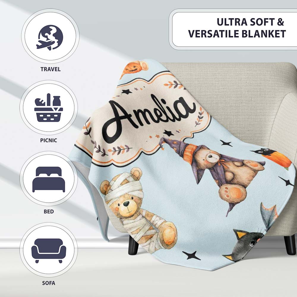 Cute Halloween Teddy Bears Mummy Witch Cat Pumpkin Stars Blue  Personalised Custom Name Super Soft Fleece Blanket Bed Sofa Throw