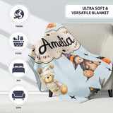 Cute Halloween Teddy Bears Mummy Witch Cat Pumpkin Stars Blue  Personalised Custom Name Super Soft Fleece Blanket Bed Sofa Throw