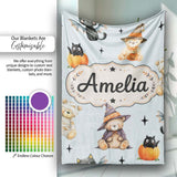 Cute Halloween Teddy Bears Mummy Witch Cat Pumpkin Stars Blue  Personalised Custom Name Super Soft Fleece Blanket Bed Sofa Throw