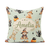 Custom Name Cute Teddy Bears Mummy Witch Cat Pumpkin Stars Sage Square Filled Cushion Throw Pillow Sofa Bed Home Decor Zip Washable UK Made