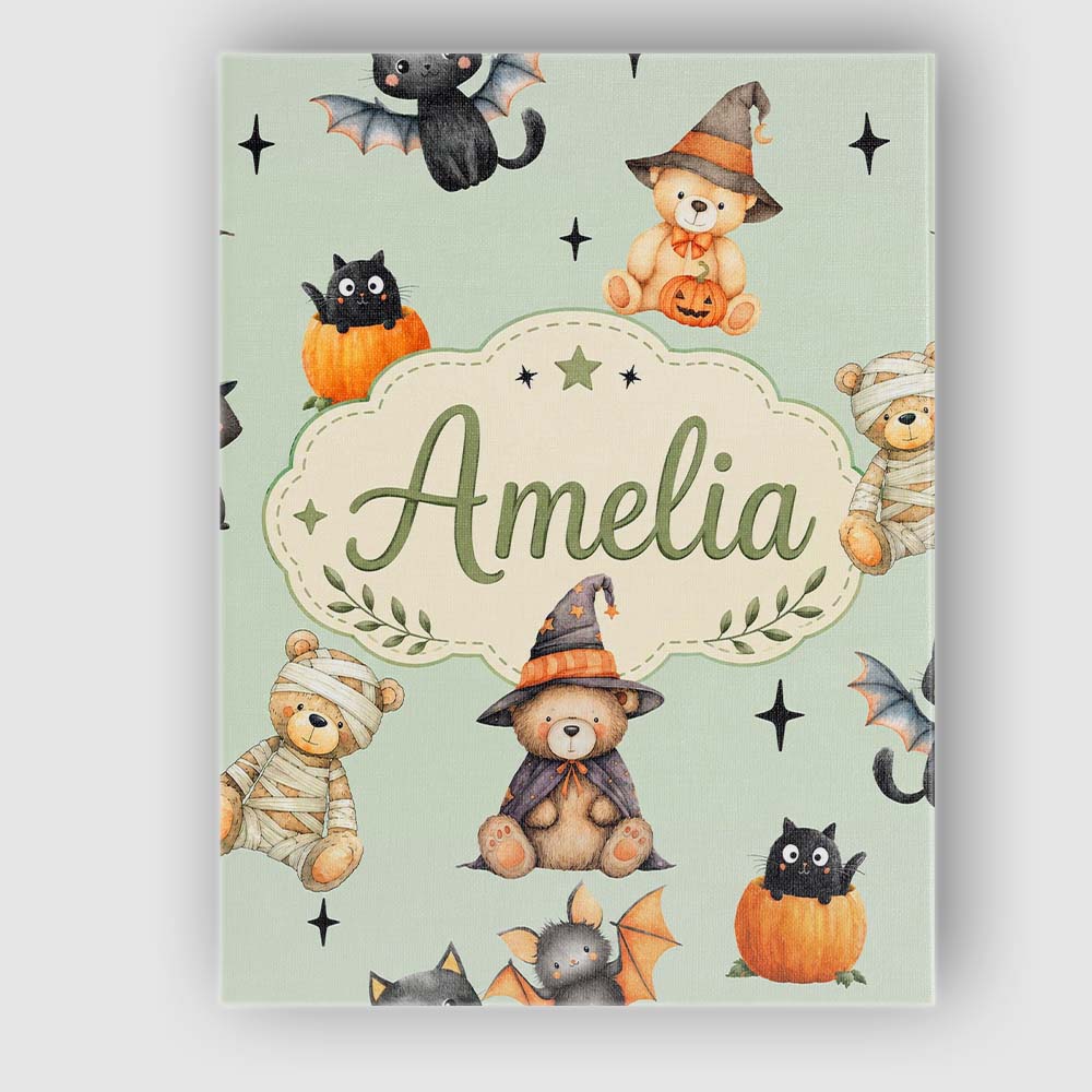 Personalised Name Cute Halloween Teddy Custom  Modern Room Accent Elegant Feature Canvas Wall Art Print Decor Picture Ready to Hang