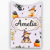 Cute Halloween Teddy Bears Mummy Witch Cat Pumpkin Stars Purple  Personalised Custom Name Super Soft Fleece Blanket Bed Sofa Throw