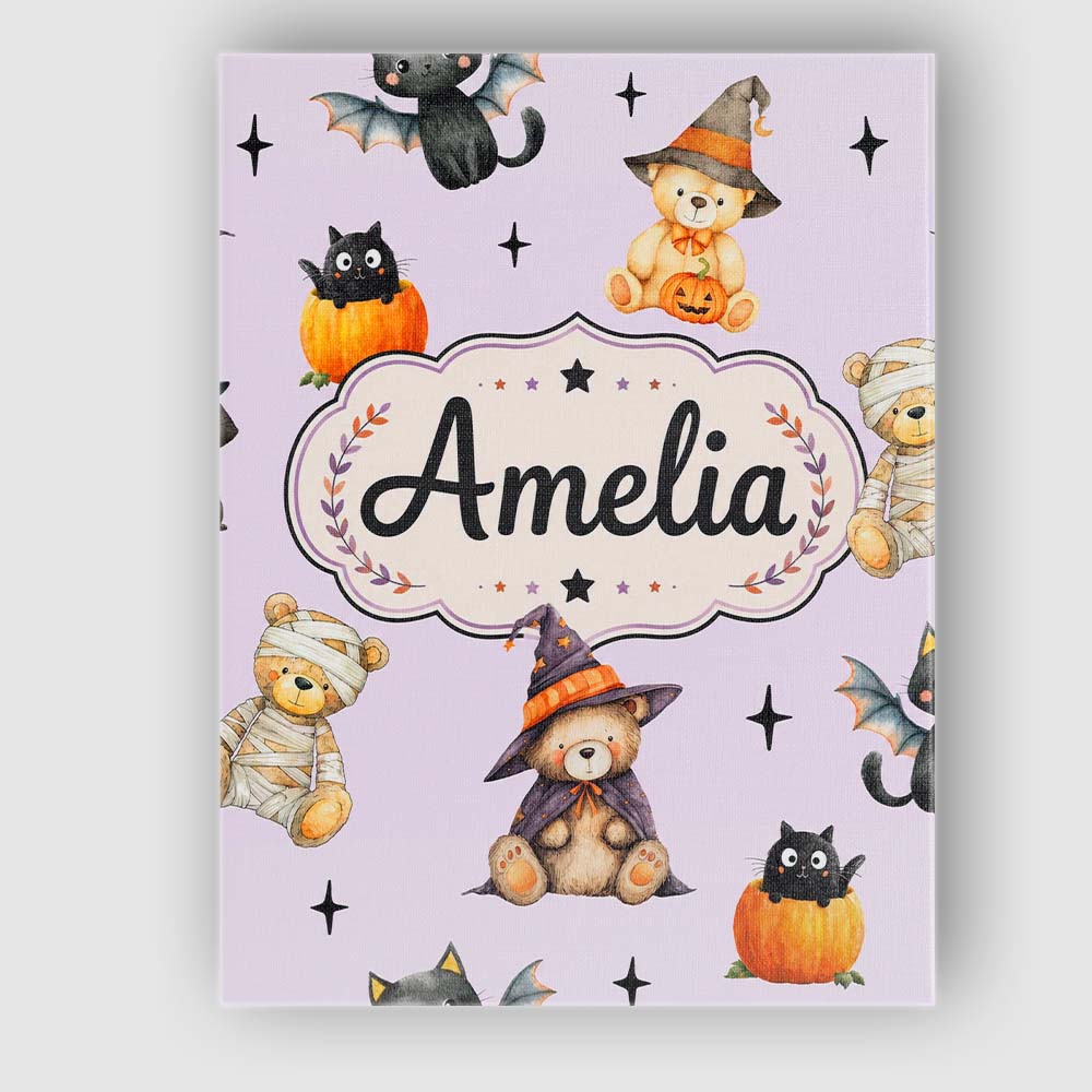 Personalised Name Cute Halloween Teddy Custom  Modern Room Accent Elegant Feature Canvas Wall Art Print Decor Picture Ready to Hang