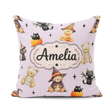 Custom Name Halloween Teddy Bears Mummy Witch Cat Pumpkin Purple Square Filled Cushion Throw Pillow Sofa Bed Home Decor Zip Washable UK Made