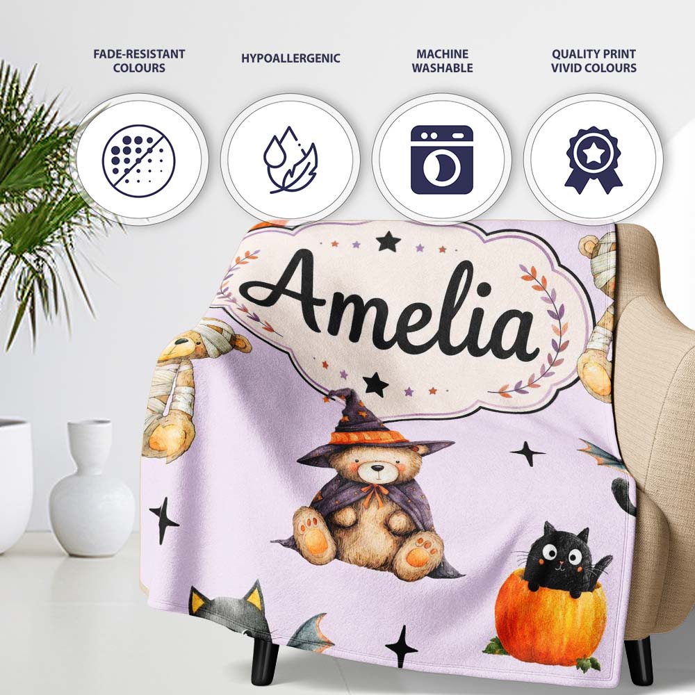 Cute Halloween Teddy Bears Mummy Witch Cat Pumpkin Stars Purple  Personalised Custom Name Super Soft Fleece Blanket Bed Sofa Throw