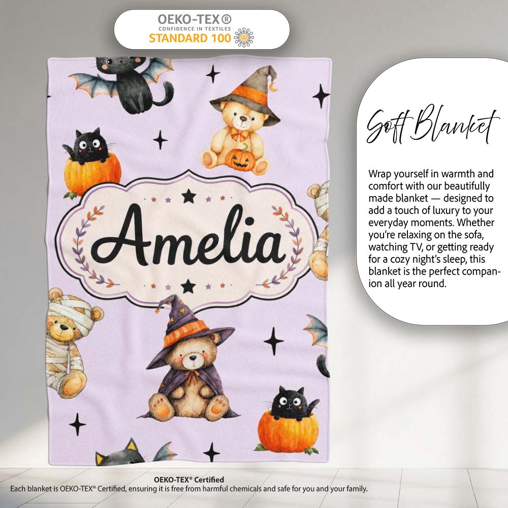 Cute Halloween Teddy Bears Mummy Witch Cat Pumpkin Stars Purple  Personalised Custom Name Super Soft Fleece Blanket Bed Sofa Throw