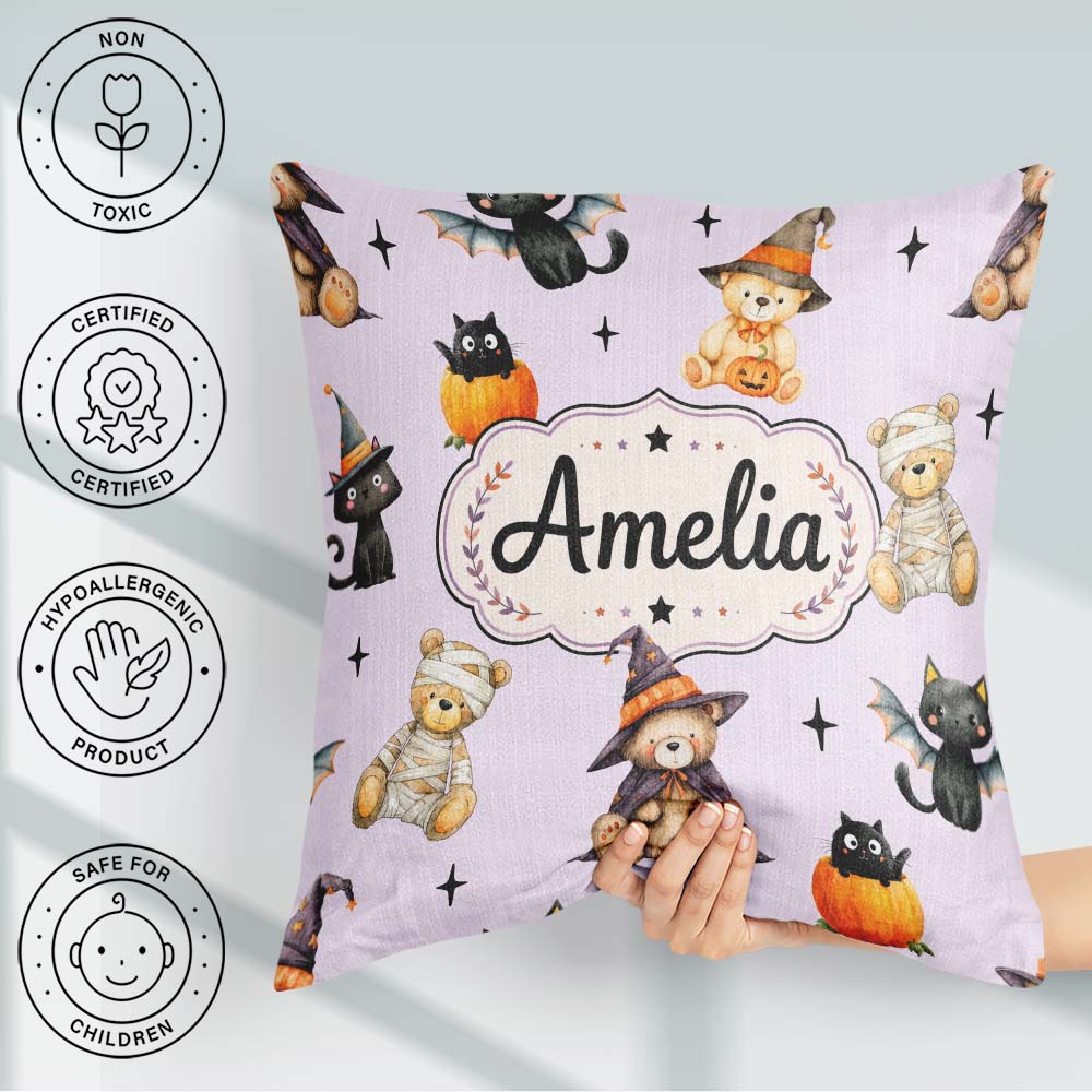 Custom Name Halloween Teddy Bears Mummy Witch Cat Pumpkin Purple Square Filled Cushion Throw Pillow Sofa Bed Home Decor Zip Washable UK Made