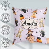 Custom Name Halloween Teddy Bears Mummy Witch Cat Pumpkin Purple Square Filled Cushion Throw Pillow Sofa Bed Home Decor Zip Washable UK Made