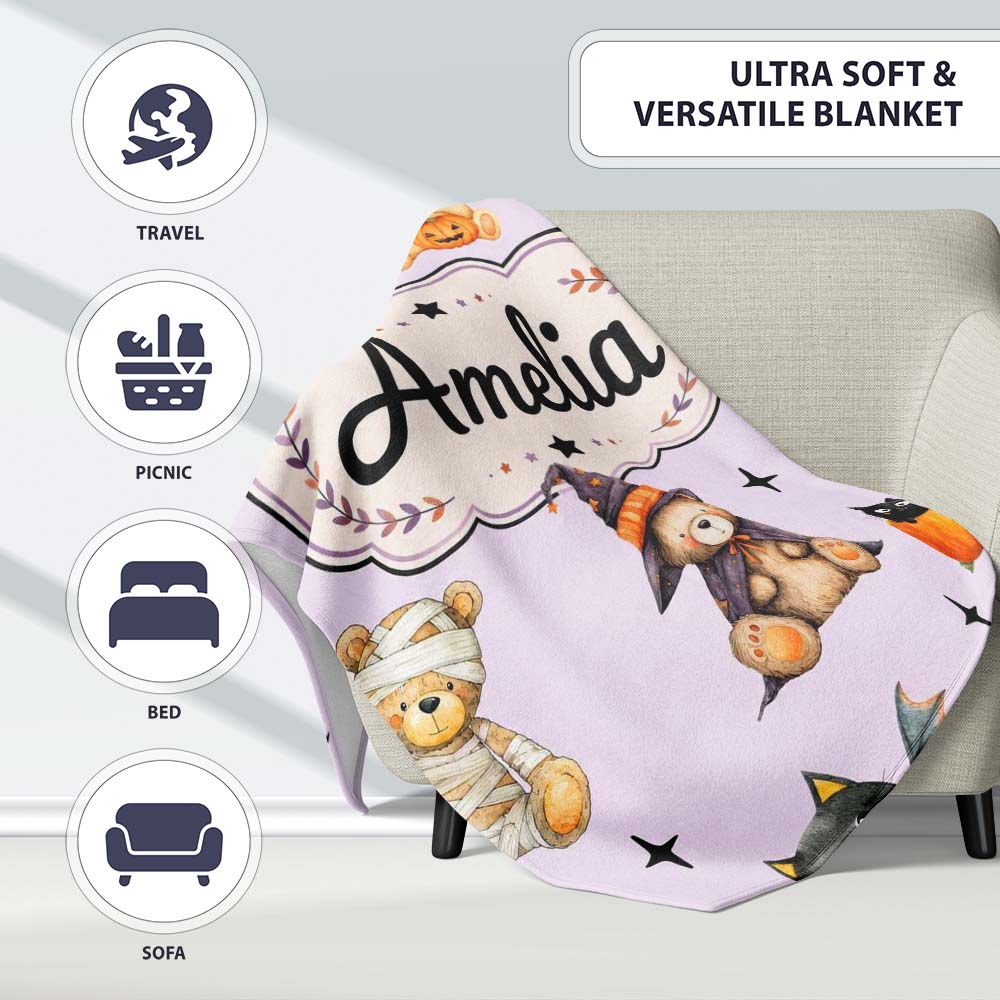 Cute Halloween Teddy Bears Mummy Witch Cat Pumpkin Stars Purple  Personalised Custom Name Super Soft Fleece Blanket Bed Sofa Throw