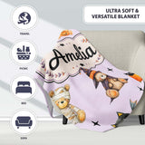 Cute Halloween Teddy Bears Mummy Witch Cat Pumpkin Stars Purple  Personalised Custom Name Super Soft Fleece Blanket Bed Sofa Throw