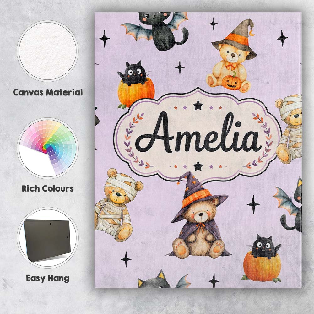 Personalised Name Cute Halloween Teddy Custom  Modern Room Accent Elegant Feature Canvas Wall Art Print Decor Picture Ready to Hang