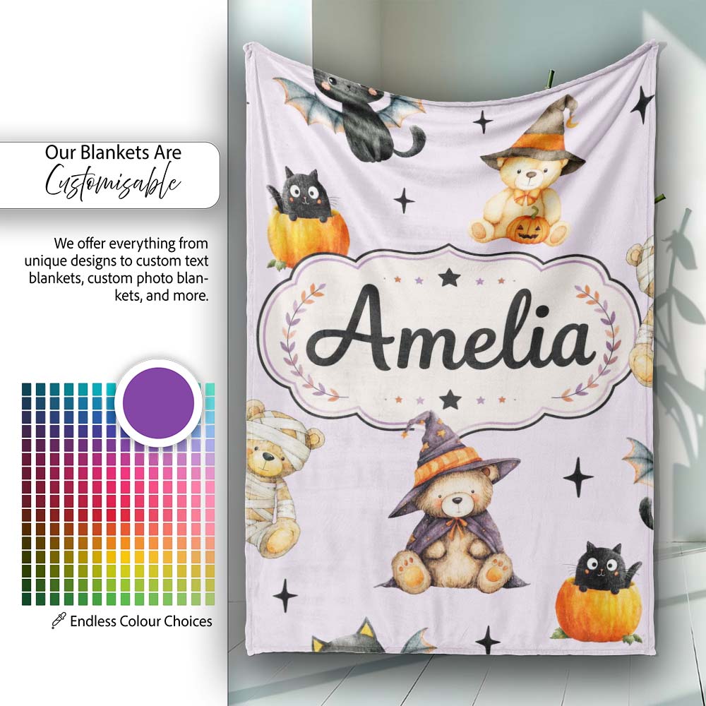 Cute Halloween Teddy Bears Mummy Witch Cat Pumpkin Stars Purple  Personalised Custom Name Super Soft Fleece Blanket Bed Sofa Throw