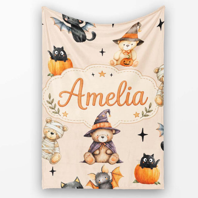 Cute Halloween Teddy Bears Mummy Witch Cat Pumpkin Stars Beige  Personalised Custom Name Super Soft Fleece Blanket Bed Sofa Throw