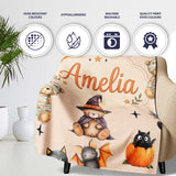 Cute Halloween Teddy Bears Mummy Witch Cat Pumpkin Stars Beige  Personalised Custom Name Super Soft Fleece Blanket Bed Sofa Throw