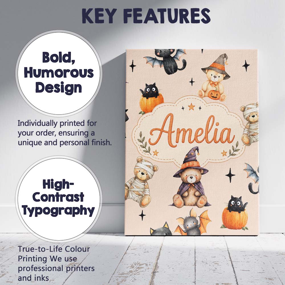 Personalised Name Cute Halloween Teddy Custom  Modern Room Accent Elegant Feature Canvas Wall Art Print Decor Picture Ready to Hang
