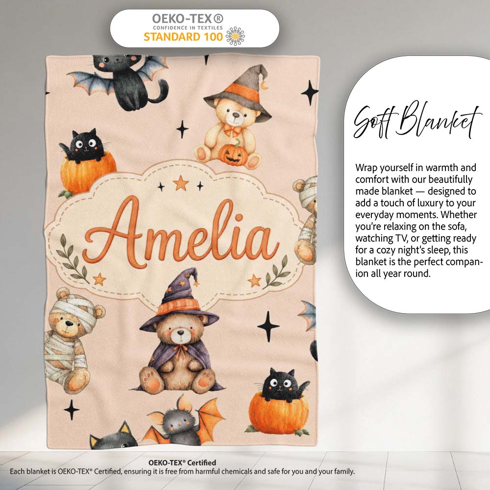Cute Halloween Teddy Bears Mummy Witch Cat Pumpkin Stars Beige  Personalised Custom Name Super Soft Fleece Blanket Bed Sofa Throw