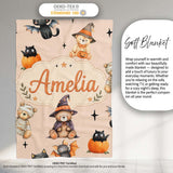 Cute Halloween Teddy Bears Mummy Witch Cat Pumpkin Stars Beige  Personalised Custom Name Super Soft Fleece Blanket Bed Sofa Throw