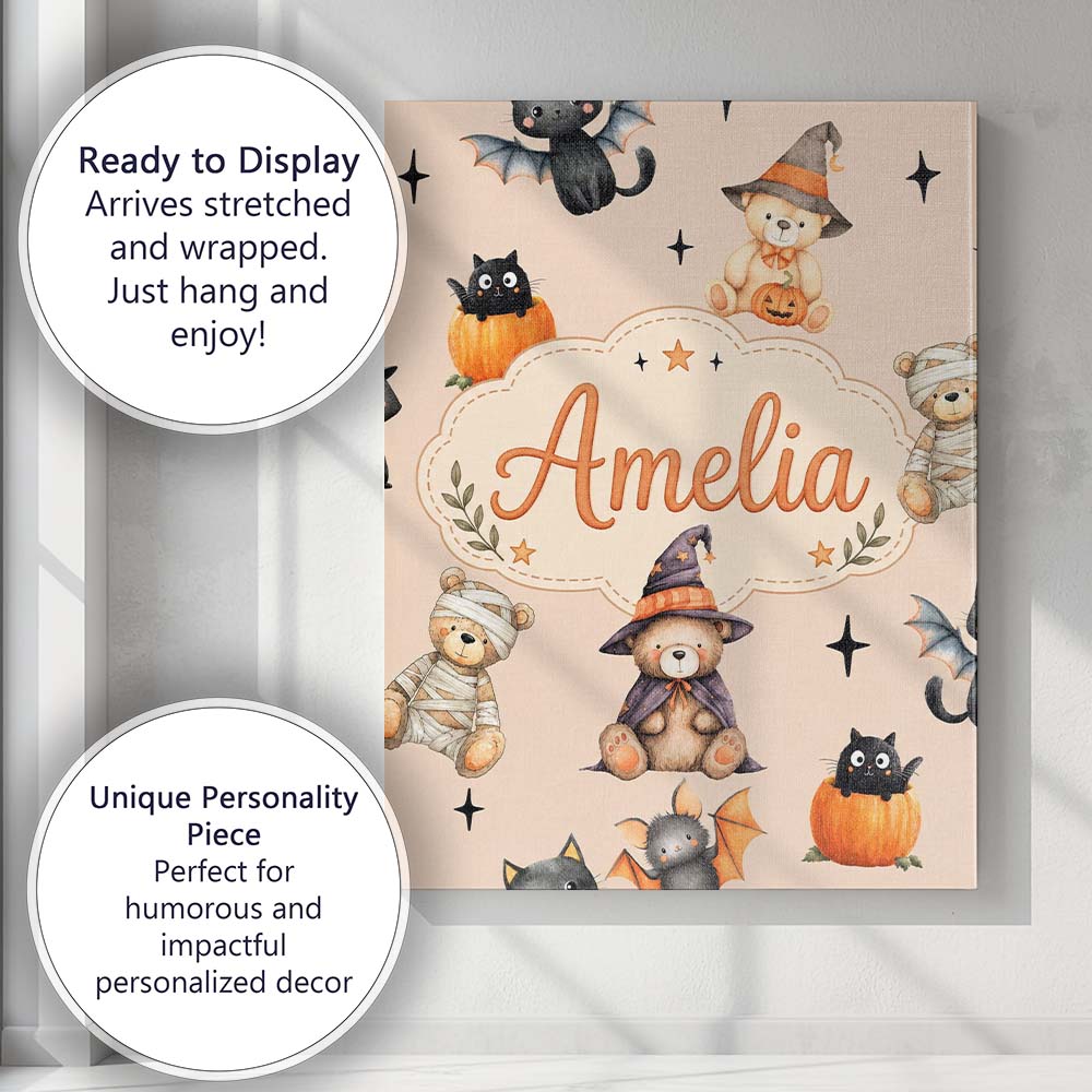Personalised Name Cute Halloween Teddy Custom  Modern Room Accent Elegant Feature Canvas Wall Art Print Decor Picture Ready to Hang