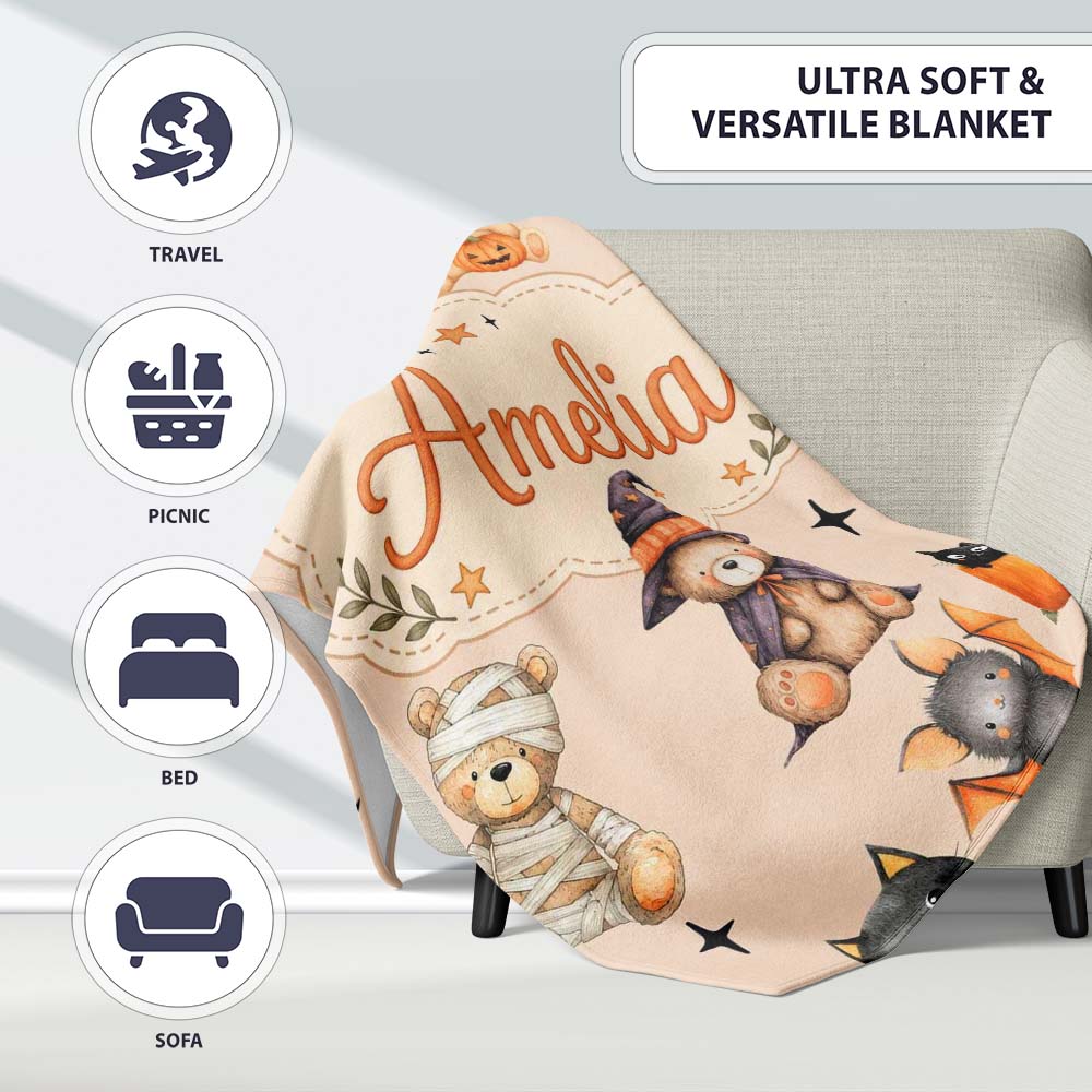 Cute Halloween Teddy Bears Mummy Witch Cat Pumpkin Stars Beige  Personalised Custom Name Super Soft Fleece Blanket Bed Sofa Throw
