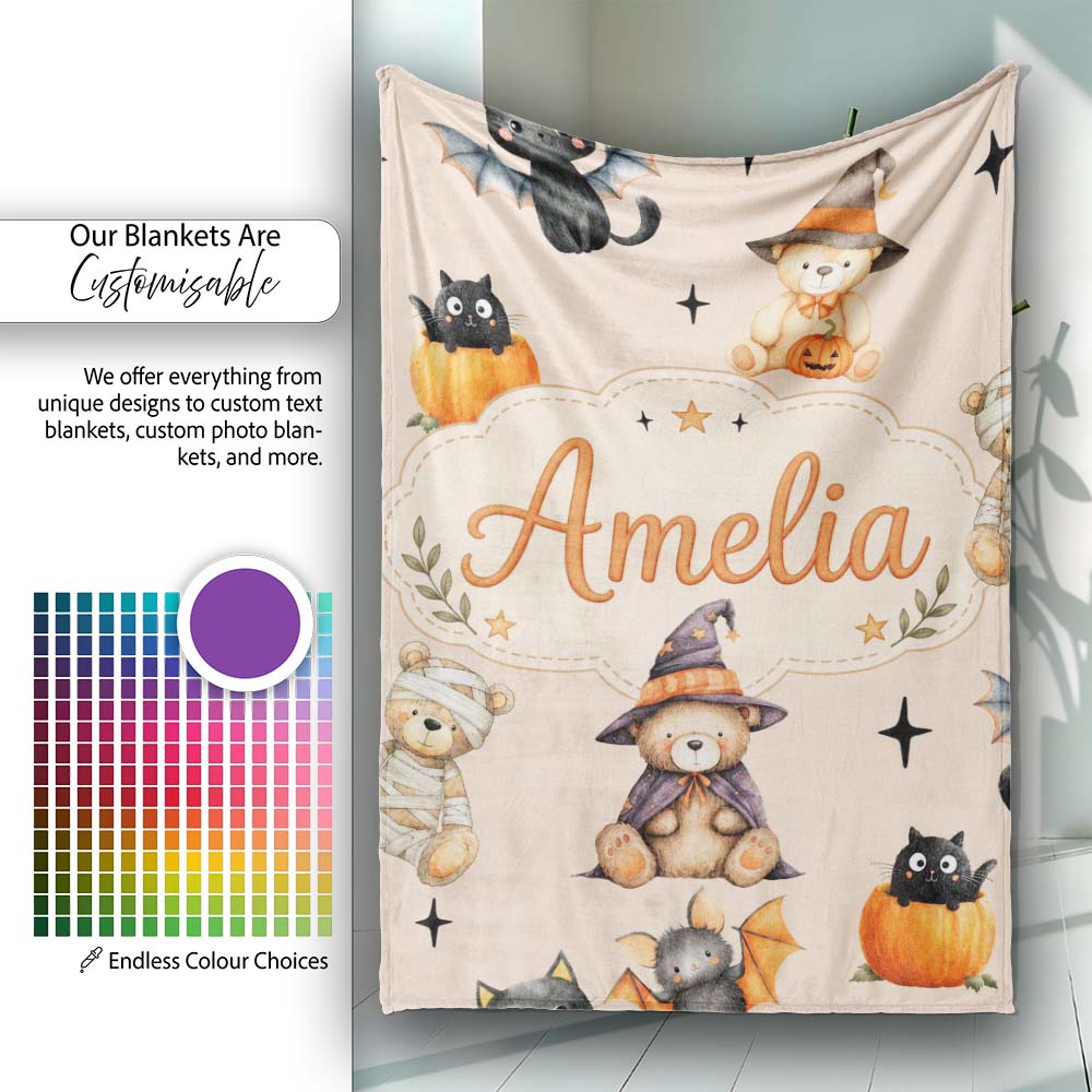 Cute Halloween Teddy Bears Mummy Witch Cat Pumpkin Stars Beige  Personalised Custom Name Super Soft Fleece Blanket Bed Sofa Throw