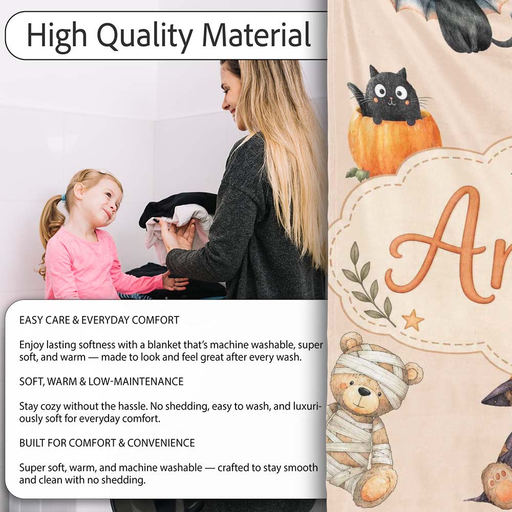 Cute Halloween Teddy Bears Mummy Witch Cat Pumpkin Stars Beige  Personalised Custom Name Super Soft Fleece Blanket Bed Sofa Throw