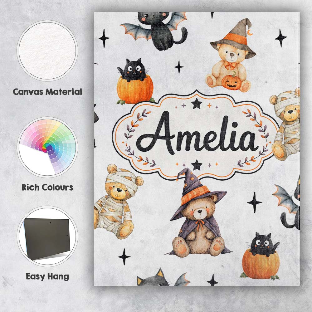 Personalised Name Cute Halloween Teddy Custom  Modern Room Accent Elegant Feature Canvas Wall Art Print Decor Picture Ready to Hang