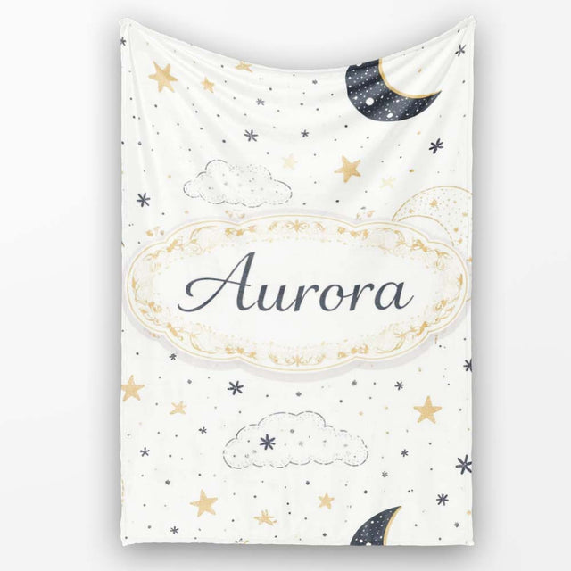 Cute Moon Stars Clouds Nursery Neutral Seamless Pattern Lovely  Personalised Custom Name Super Soft Fleece Blanket Bed Sofa Throw