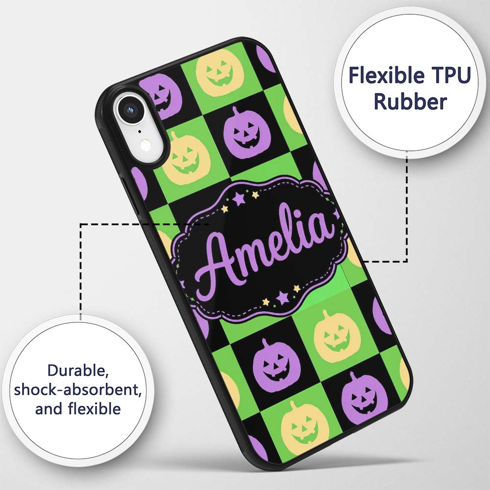 Halloween Pumpkin Checkerboard Printed Design Custom Name Protective Phone Case Mobile Cover Durable Everyday Smartphone Shock Resistant