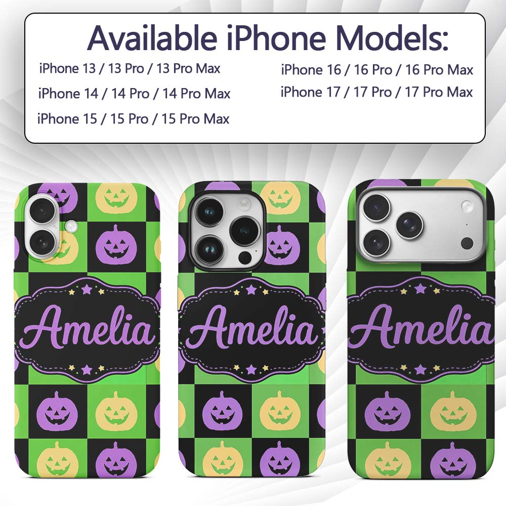 Halloween Pumpkin Checkerboard Printed Design Custom Name Protective Phone Case Mobile Cover Durable Everyday Smartphone Shock Resistant