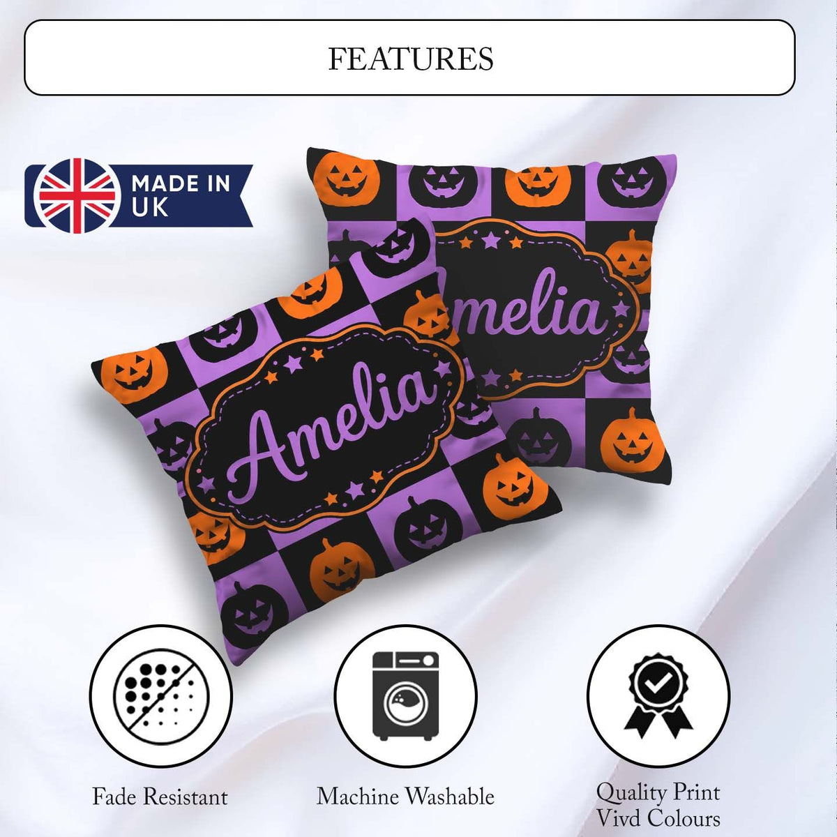 Custom Name Black Orange Pumpkin Halloween Seamless Pattern UK Square Filled Cushion Throw Pillow Sofa Bed Home Decor Zip Washable UK Made
