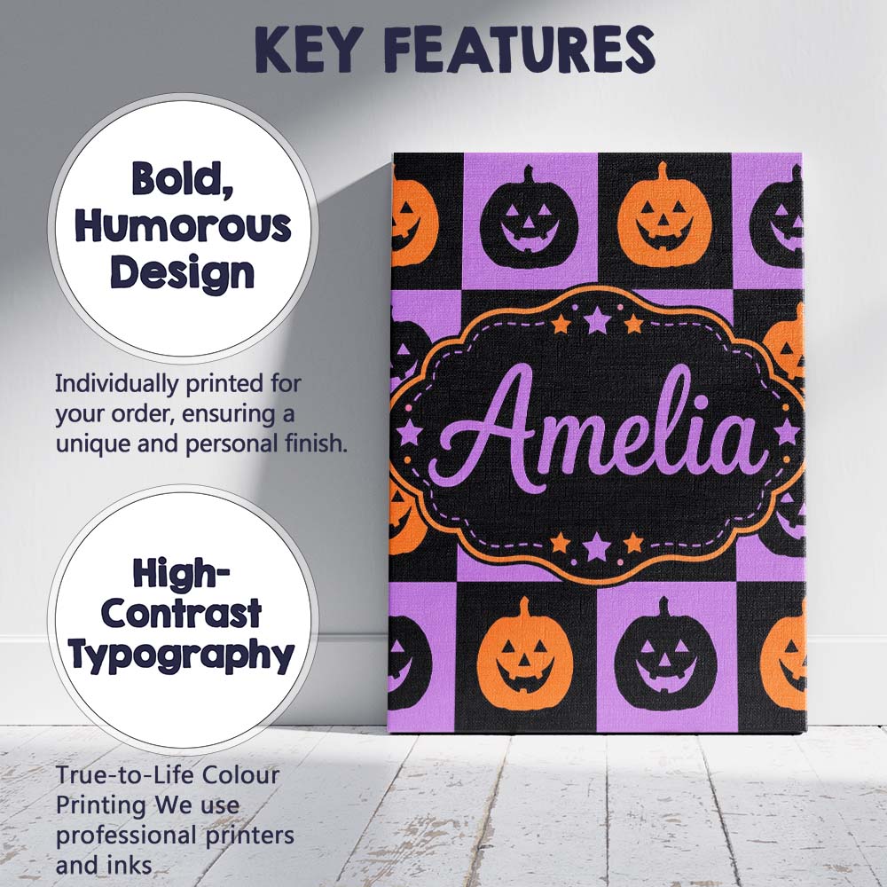 Personalised Name Black Orange Pumpkin Custom  Modern Room Accent Elegant Feature Canvas Wall Art Print Decor Picture Ready to Hang