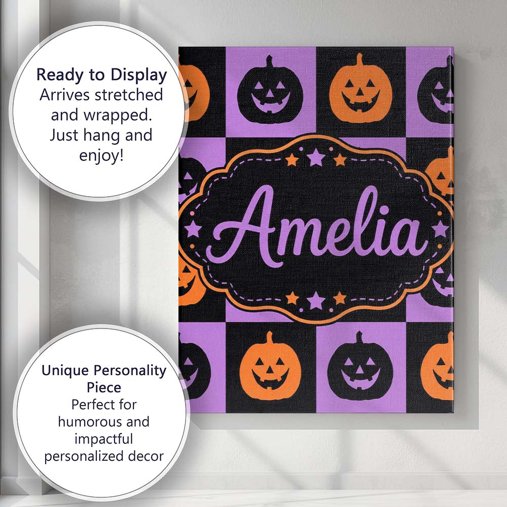 Personalised Name Black Orange Pumpkin Custom  Modern Room Accent Elegant Feature Canvas Wall Art Print Decor Picture Ready to Hang
