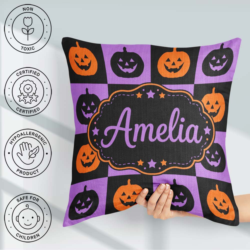 Custom Name Black Orange Pumpkin Halloween Seamless Pattern UK Square Filled Cushion Throw Pillow Sofa Bed Home Decor Zip Washable UK Made