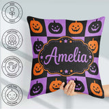 Custom Name Black Orange Pumpkin Halloween Seamless Pattern UK Square Filled Cushion Throw Pillow Sofa Bed Home Decor Zip Washable UK Made
