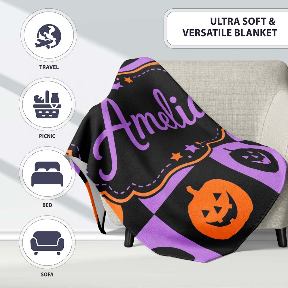 Black Orange Pumpkin Checkerboard Halloween Seamless Pattern UK  Personalised Custom Name Super Soft Fleece Blanket Bed Sofa Throw