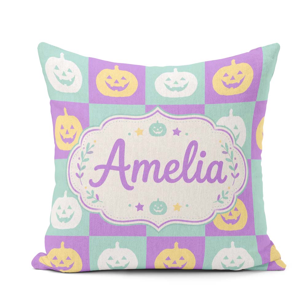 Custom Name Pastel Pumpkin Checkerboard Soft Seamless Pattern UK Square Filled Cushion Throw Pillow Sofa Bed Home Decor Zip Washable UK Made