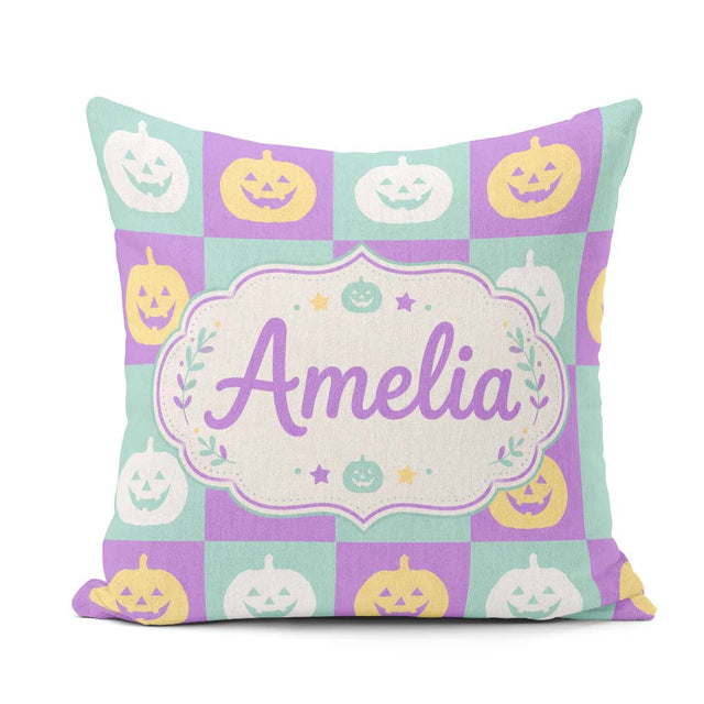 Custom Name Pastel Pumpkin Checkerboard Soft Seamless Pattern UK Square Filled Cushion Throw Pillow Sofa Bed Home Decor Zip Washable UK Made
