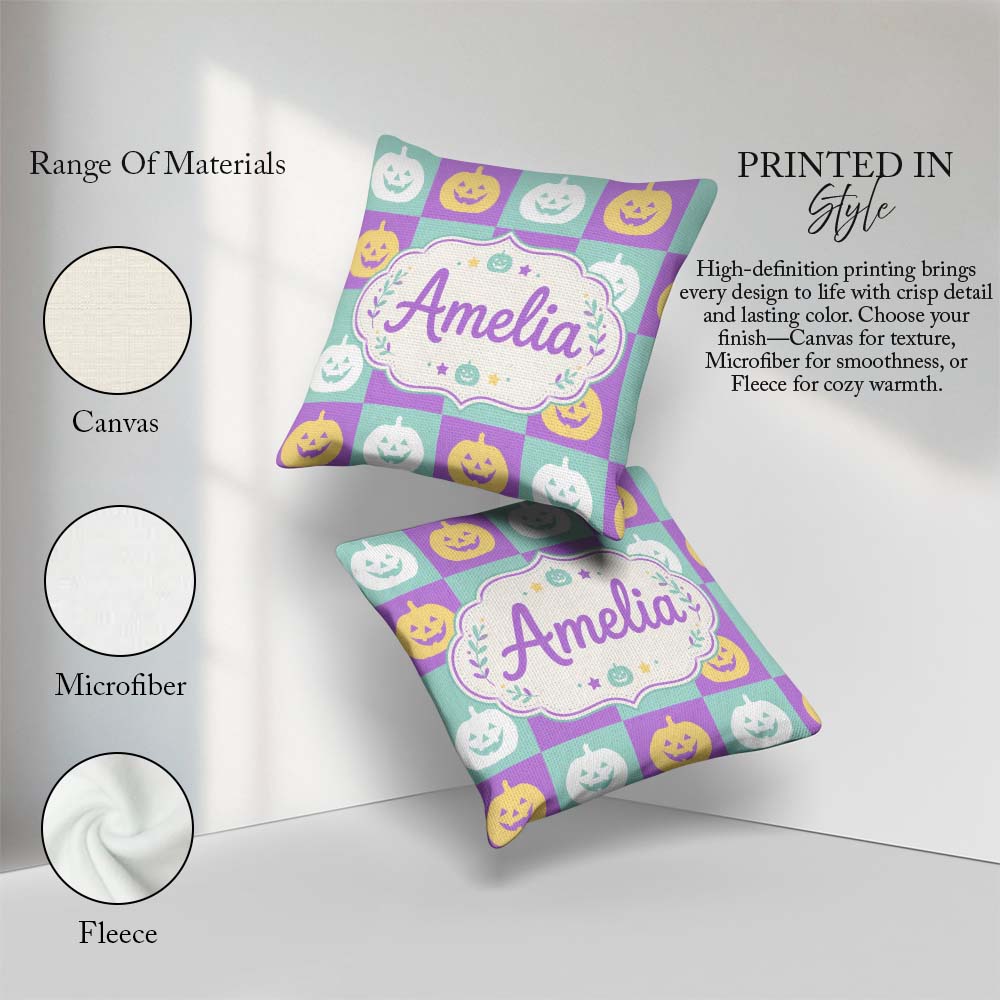 Custom Name Pastel Pumpkin Checkerboard Soft Seamless Pattern UK Square Filled Cushion Throw Pillow Sofa Bed Home Decor Zip Washable UK Made
