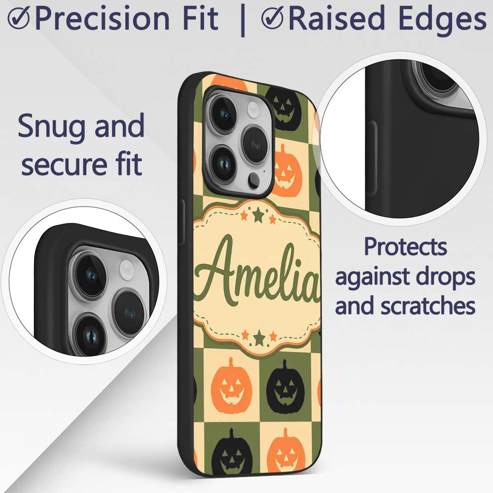 Olive Pumpkin Checkerboard Rustic Autumn Seamless Custom Name Protective Phone Case Mobile Cover Durable Everyday Smartphone Shock Resistant