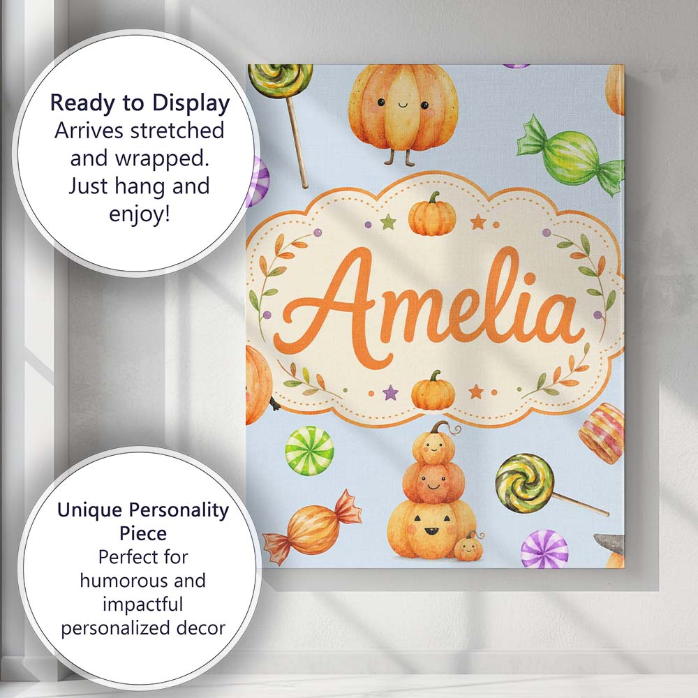 Personalised Name Cute Candy Pumpkin Custom Premium Decorative Design Modern Room Accent Canvas Wall Art Print Decor Picture Ready to Hang