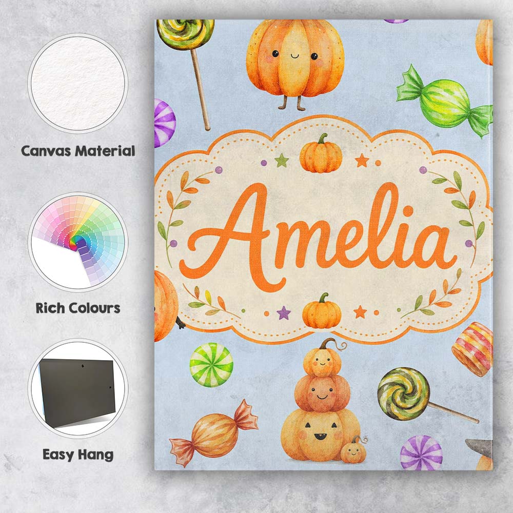 Personalised Name Cute Candy Pumpkin Custom Premium Decorative Design Modern Room Accent Canvas Wall Art Print Decor Picture Ready to Hang