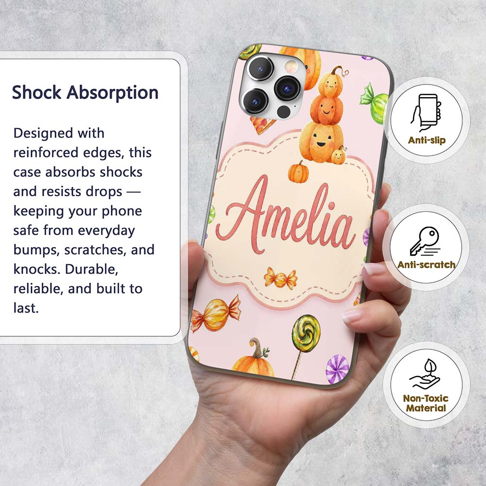 Cute Candy Pumpkin Characters Pink Background Custom Name Protective Phone Case Mobile Cover Durable Everyday Smartphone Shock Resistant