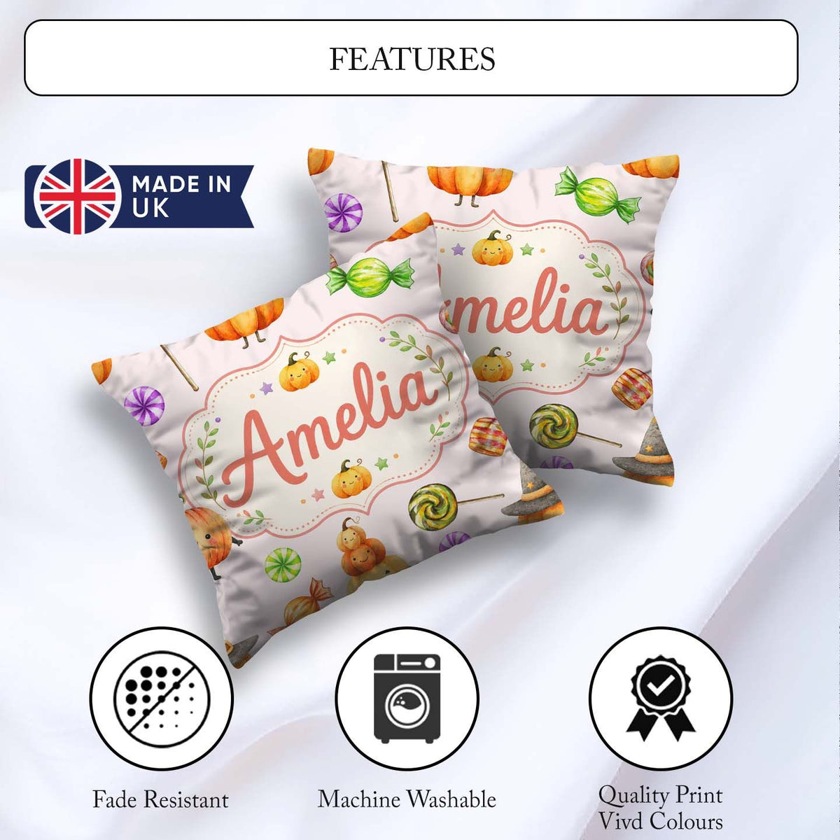Custom Name Halloween Pumpkin Candy Characters Pastel Background Square Filled Cushion Throw Pillow Sofa Bed Home Decor Zip Washable UK Made